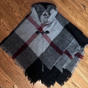 Gray and Black Hooded Poncho with Toggle Closure